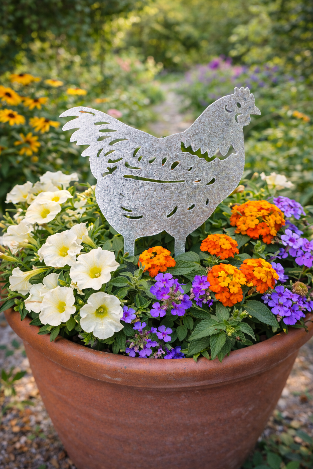 Laser Cut Metal Chicken Flower Pot Ornament – Handmade Garden Stake Decoration